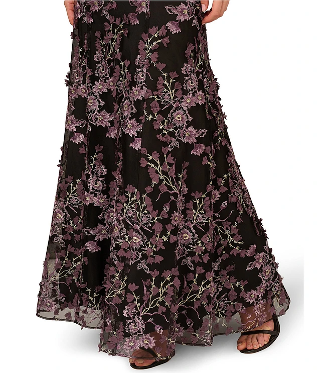 Aidan Mattox☆華やかフローラル柄ティアードロングドレス Aidan Mattox Satin Crepe V-Neck Sleeveless 3D Embroidered