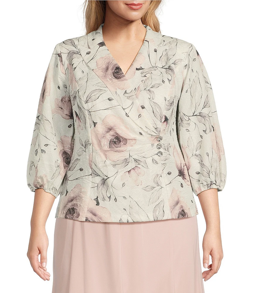 Alex Evenings Plus Size Jacquard Collared V Neck 3/4 Bubble