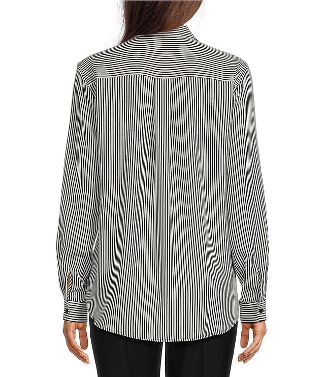 ◇marie claire ◇ Striped button pocket setup (MOEBSU04MNY) Alex Marie Piper Crepe de Chine Stripe Point Collar Long