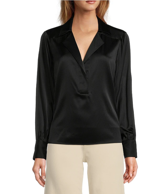 Antonio Melani Violet Silk Notch Collar V-Neck Long Blouson Sleeve