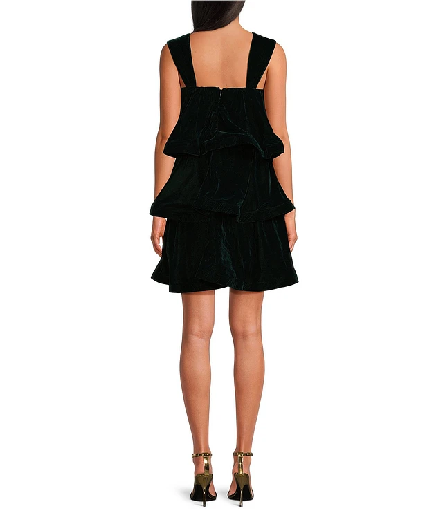 Buru Teagan Velvet Square Neck Wide Strap Tiered Ruffle A