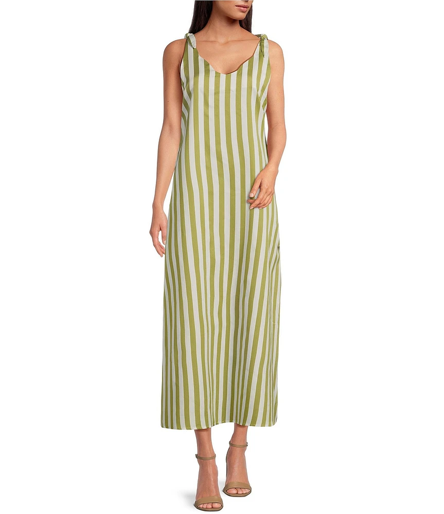 Buru Tie Shoulder Strap Stripe Print Scalloped V-Neck Maxi