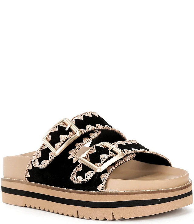 Chelsea & Violet Skyy Suede Whipstitch Double Buckle Sandals