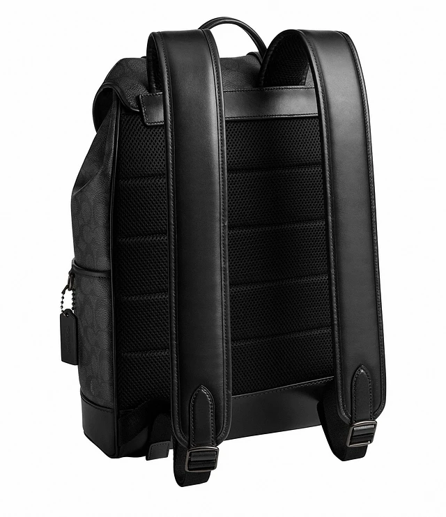 COACH Signature Logo Print Black League Flap Backpack | The