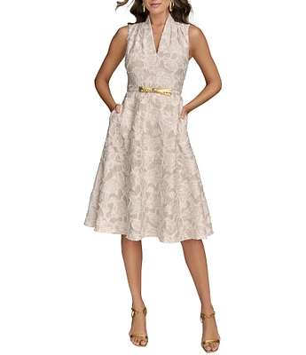Donna Karan V-Neck Sleeveless Belted Linen A-Line Midi Dress