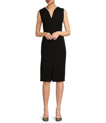 Donna Karan V-Neck Sleeveless Ruched Gold Broach Sheath