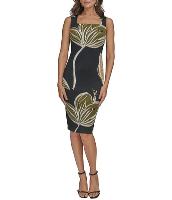 【Donna Karan New York】Square-Neck Sleeveless Dress Donna Karan Sleeveless Square Neck A-Line Belted Midi Dress