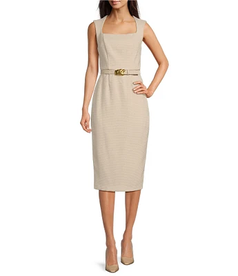 Donna Karan Tweed Square Neck Sleeveless Belted Fit and
