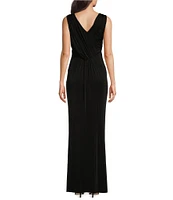 Donna Karan V-Neck Sleeveless Ruched Gold Broach Sheath