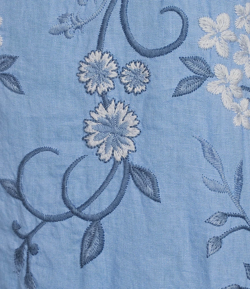 JOHNNY WAS Embroidered Linen Split V-Neck 3/4 Ruffle Sleeve
