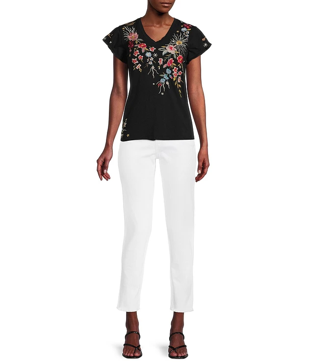 [CPGN STUDIO] FLOWER STITCH EMBROIDERY SHORT SLEEVE TEE★2色 JOHNNY WAS Lissa Embroidered Floral Print Cotton Knit Jersey