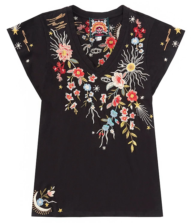 [CPGN STUDIO] FLOWER STITCH EMBROIDERY SHORT SLEEVE TEE★2色 JOHNNY WAS Lissa Embroidered Floral Print Cotton Knit Jersey
