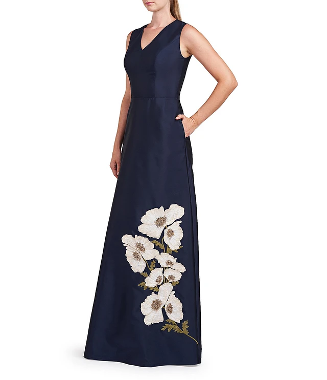 Kay Unger Floral Print Mikado V-Neck Sleeveless Side Pocket