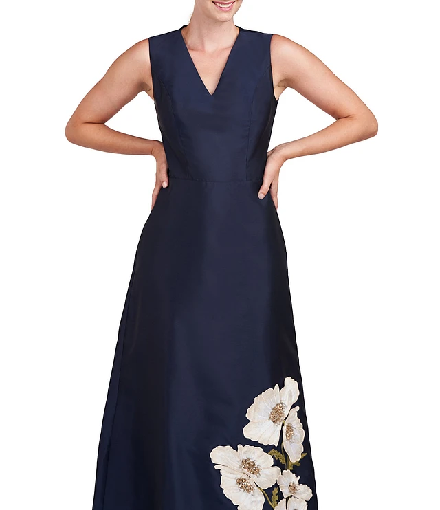 ケイアンガー KAY UNGER 紺&花柄鮮やかサテンドレス 送料込 Kay Unger Floral Print Mikado V-Neck Sleeveless Side Pocket