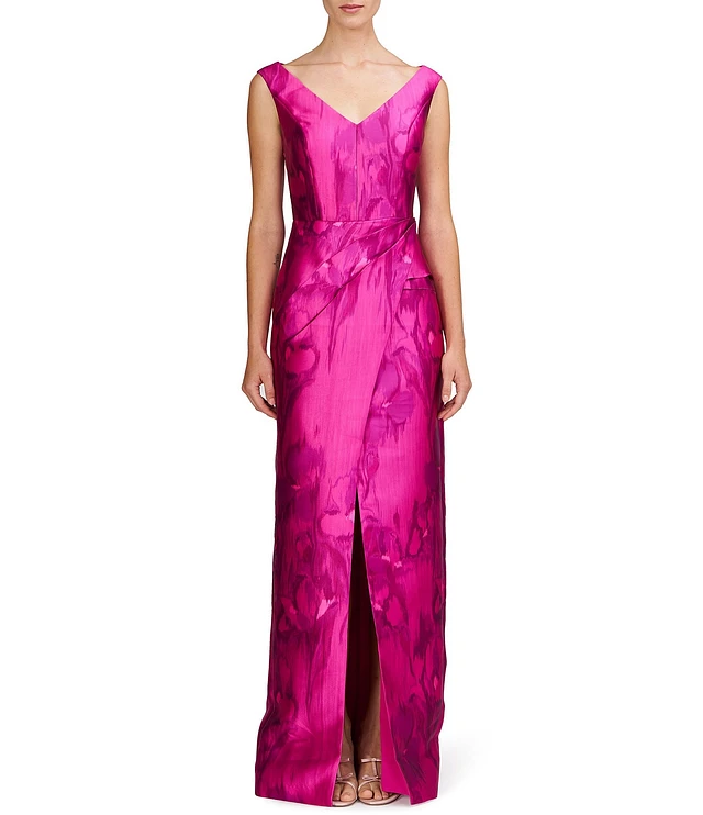 Kay Unger V-Neck Abstract Floral Mikado Pleated Waist Front Slit