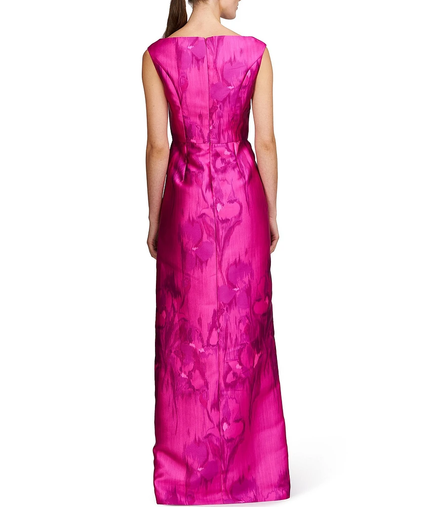 Kay Unger V-Neck Abstract Floral Mikado Pleated Waist Front