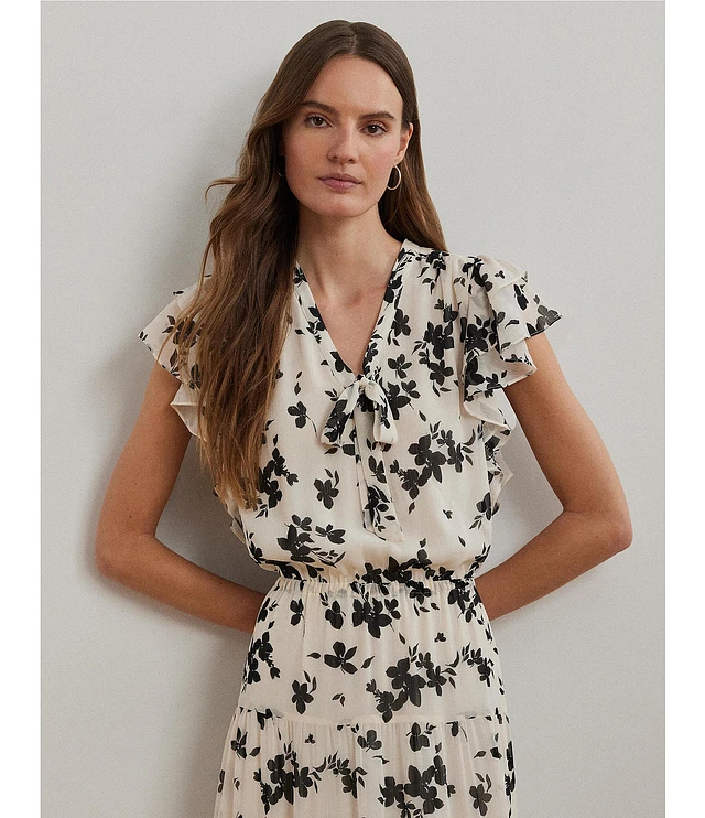Lauren Ralph Lauren Crinkle Georgette Floral Print V-Neck