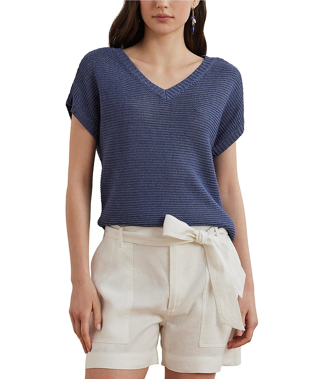 (取寄) ローレン ラルフローレン レディース リネンブレンド ショートスリーブ V-ネック セーター Lauren Ralph Lauren women Linen-Blend Short-Sleeve V-Neck Lauren Ralph Lauren Linen Blend V-Neck Short Sleeve Sweater