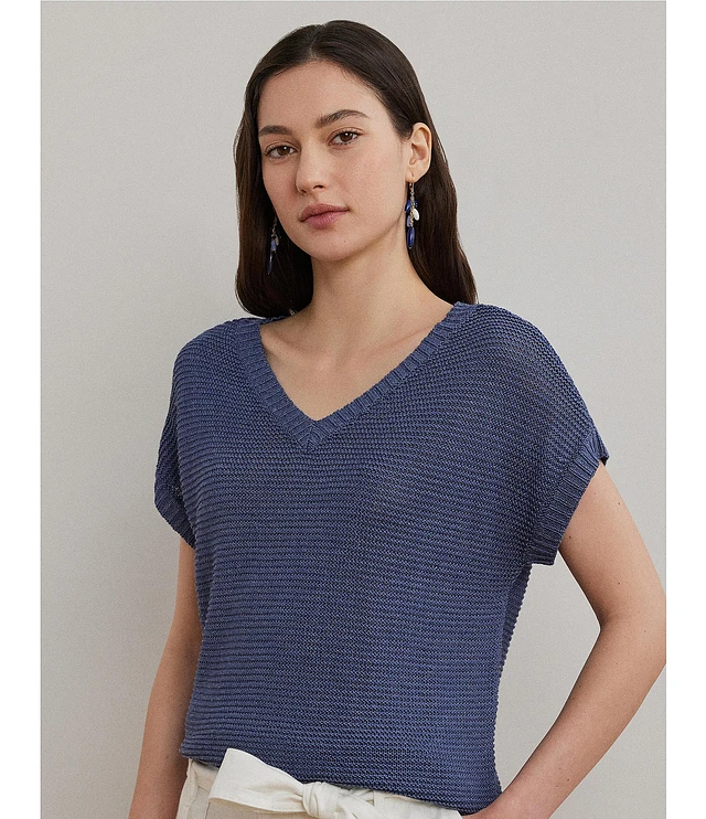 ラルフ・ローレン Lauren Ralph Lauren Plus Size Linen-Blend Short-Sleeve V-Neck Swea Women's Lauren Ralph Lauren Plus Size Linen-Blend Short