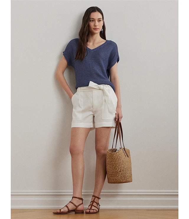 (取寄) ローレン ラルフローレン レディース リネンブレンド ショートスリーブ V-ネック セーター Lauren Ralph Lauren women Linen-Blend Short-Sleeve V-Neck Lauren Ralph Lauren Linen Blend V-Neck Short Sleeve Sweater