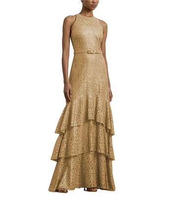 Lauren Ralph Women's Floral Belted Crepe Sleeveless Dress