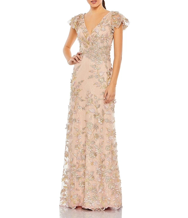 【Mac Duggal】ビーズ キャップスリーブ Vネック Aラインガウン Mac Duggal Women's Beaded Striping Kimono Sleeve V Neck Gown
