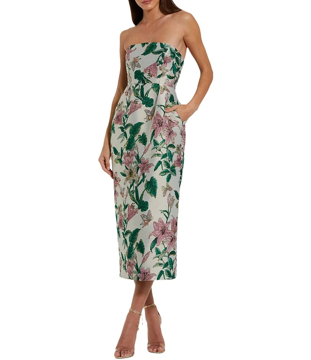 【Mac Duggal】リボンディテールフローラルブロケードドレス Mac Duggal Bow-Detail Floral Brocade Strapless Gown | Saks