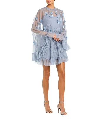 ●Mac Duggal●半袖 メッシュ ミルコ ラッフル ミディドレス Mac Duggal Mock Neck Short Sleeve Tiered Ruffled Pleated