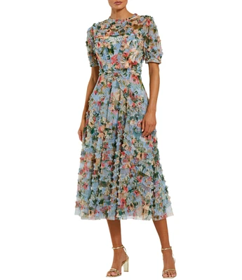 送料関税込■Mac Duggal■ノースリーブ■ミディ丈Aライン■ Mac Duggal Mock Neck Short Sleeve Tiered Ruffled Pleated