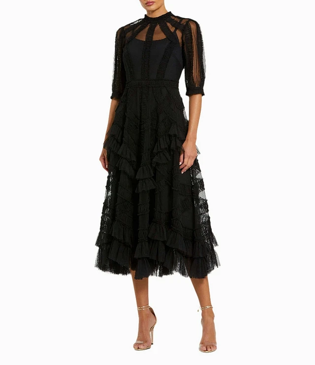 ●Mac Duggal●半袖 メッシュ ミルコ ラッフル ミディドレス Mac Duggal Mock Neck Short Sleeve Tiered Ruffled Pleated