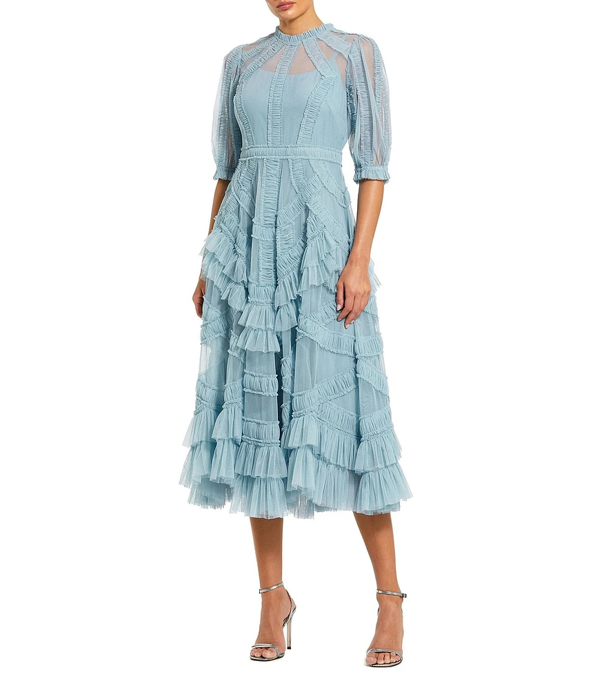 Mac Duggal Mock Neck Short Sleeve Tiered Ruffled Pleated