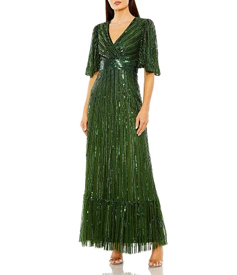 【Mac Duggal】ビーズ キャップスリーブ Vネック Aラインガウン Mac Duggal Women's Beaded Striping Kimono Sleeve V Neck Gown