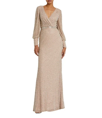 【Mac Duggal】ビーズ キャップスリーブ Vネック Aラインガウン Mac Duggal Women's Beaded Striping Kimono Sleeve V Neck Gown