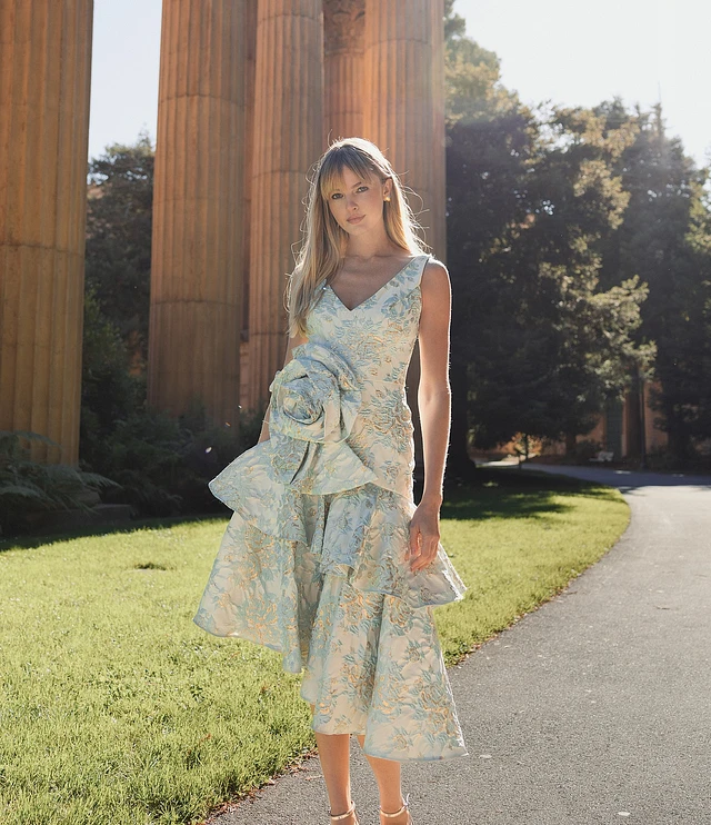 【Mac Duggal】 フリルワンショルダードレープガウン Blue Embroidered Applique Feathered One Shoulder Trumpet