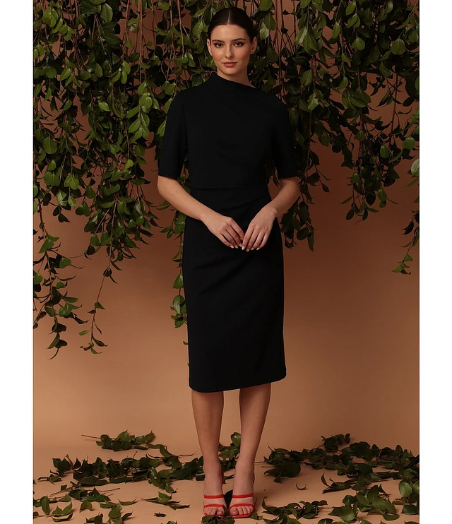 ワンピース Maggy London Mock Neck Midi Dress with Ruching Maggy London Ruffle Mock Neck Short Sleeve Stretch Crepe