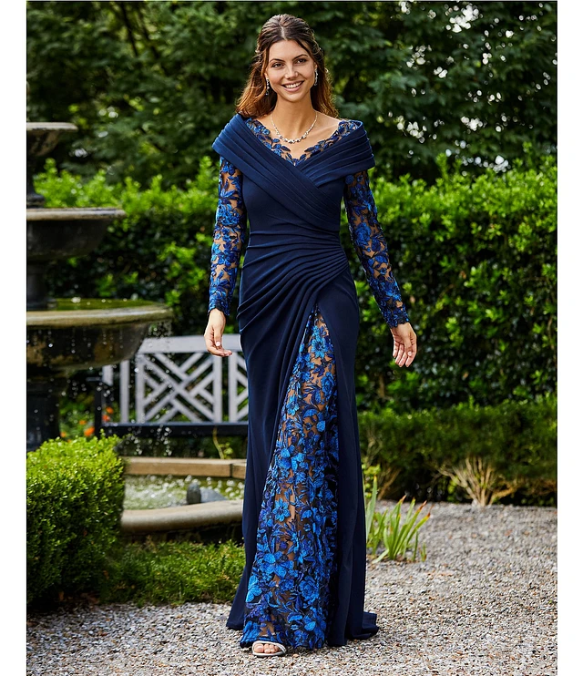 Tadashi Shoji Portrait Collar Lace Inset Crepe A-Line Gown