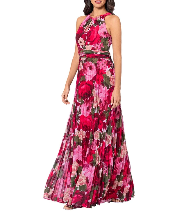 Xscape Chiffon Floral Print Halter Neck Sleeveless Pleated