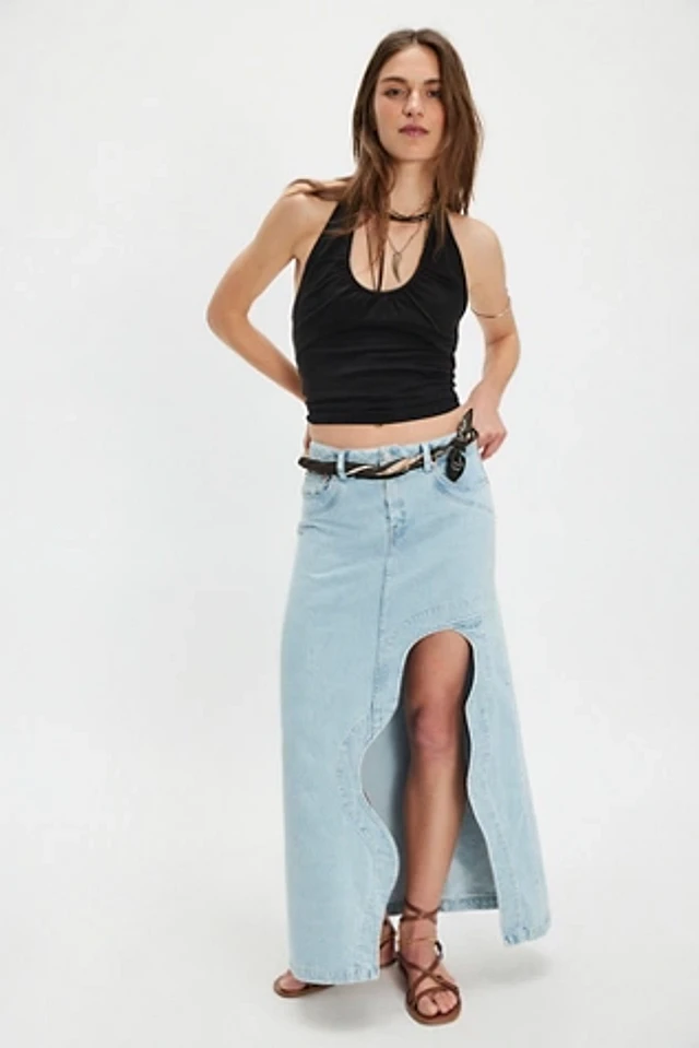 Abrand 95 Cater Destructed High-Low Denim Maxi Skirt