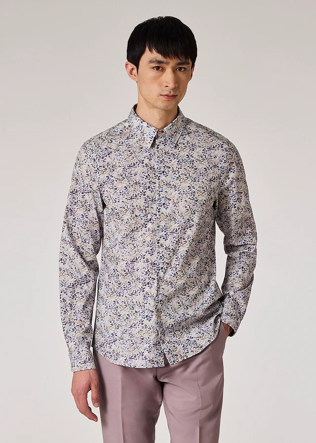 PS Paul Smith Tailored-Fit White And Blue 'Textured Floral' Print