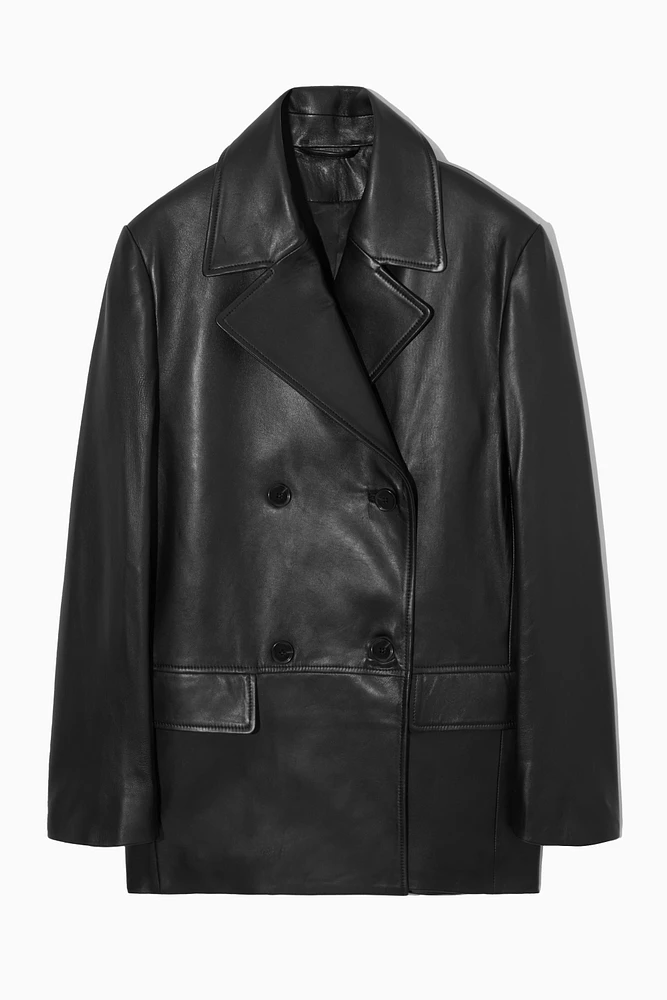 ジャケット・アウター LEATHER COMBINATION DOUBLE LAPEL COAT A1 FASHION GOODS Mens Double Breasted Trench BLACK Leather