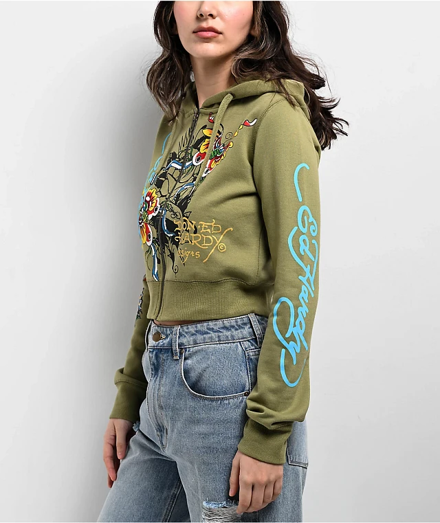 Ed Hardy Butterflies Y2K Olive Crop Zip Hoodie | Liberty Center
