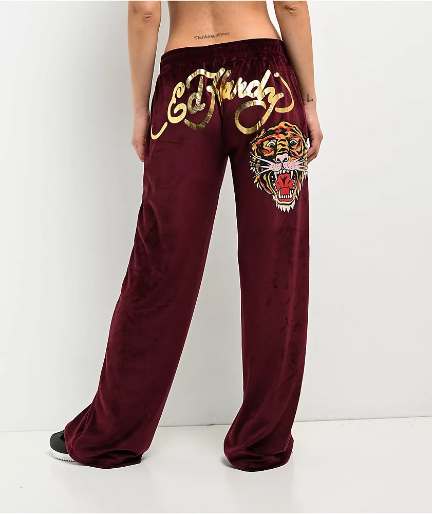 Ed Hardy Retro Tiger Burgundy Velour Track Pants at
