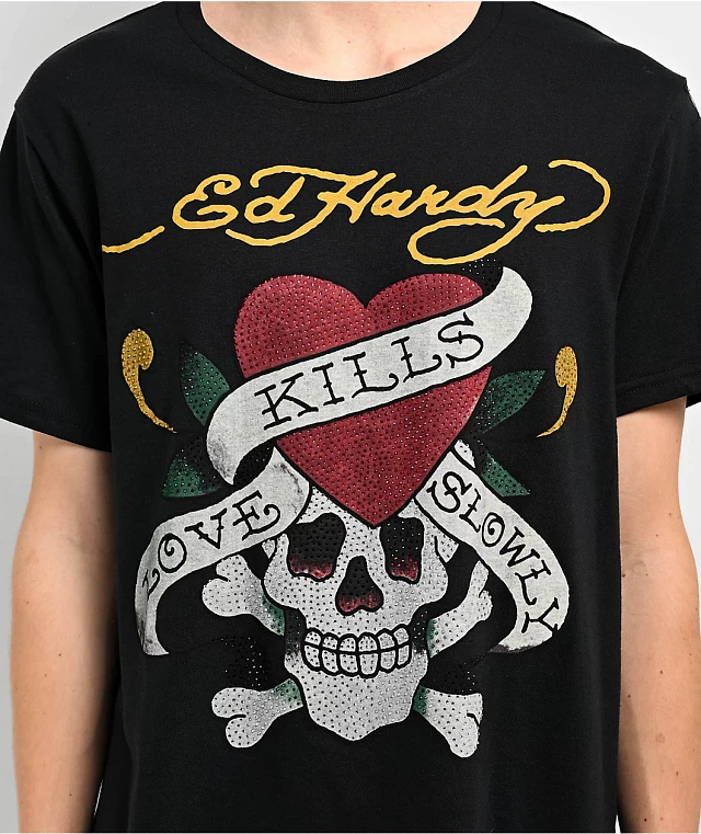 Ed Hardy Rhinestone Skull Black T-Shirt | Arden Fair