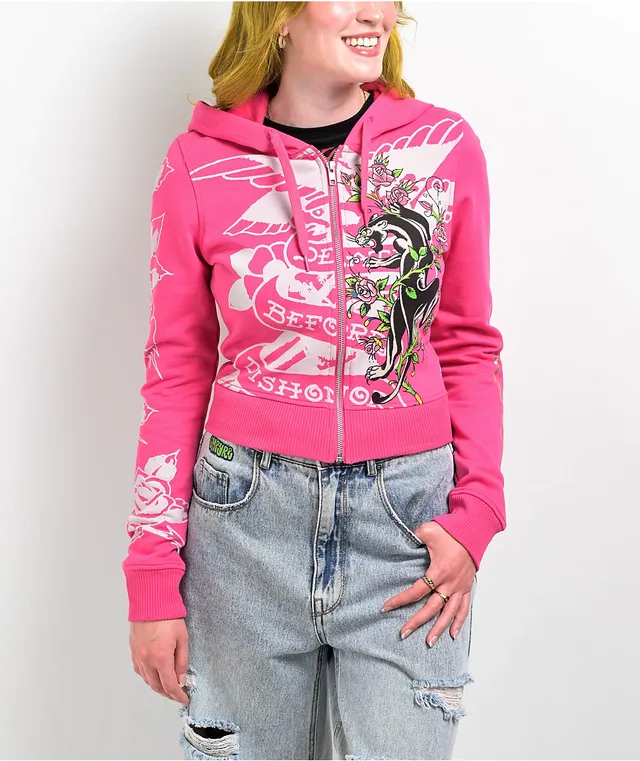 Ed Hardy Tiger Crown Pink Crop Zip Hoodie at Hamilton Place