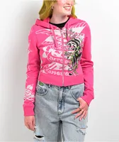 Ed Hardy ピンク パーカー M Ed Hardy Tiger Crown Pink Crop Zip Hoodie at Hamilton Place