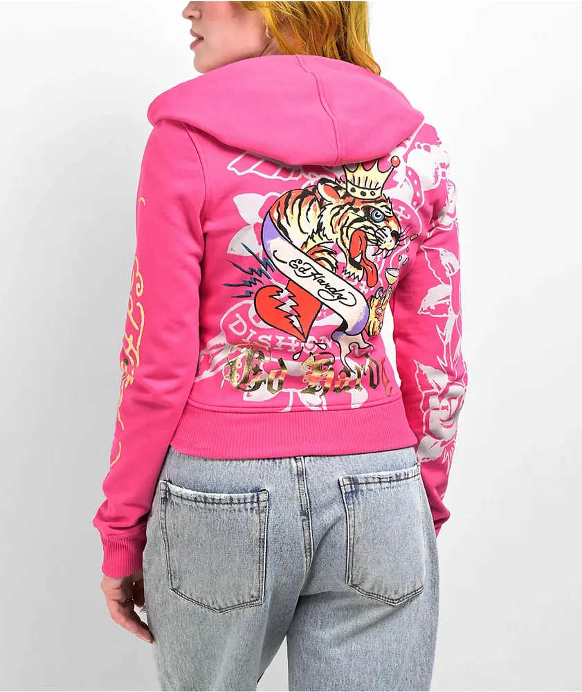 Ed Hardy ピンク パーカー M Ed Hardy Tiger Crown Pink Crop Zip Hoodie at Hamilton Place