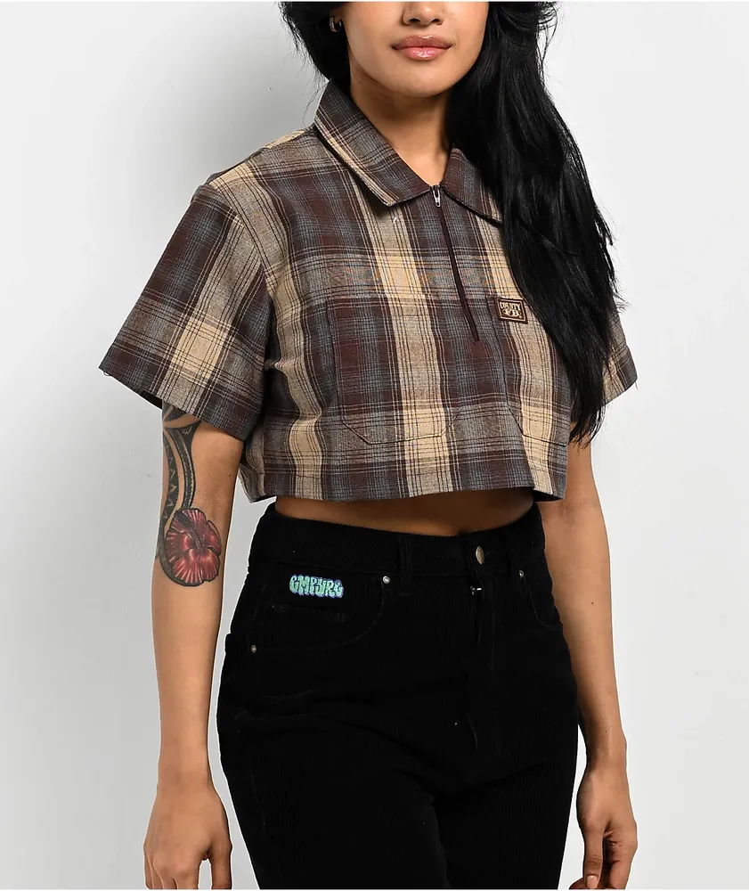 【U LAN】Country pin check semi-crop short sleeve shirt Wyatt Print Short Sleeve Shirt