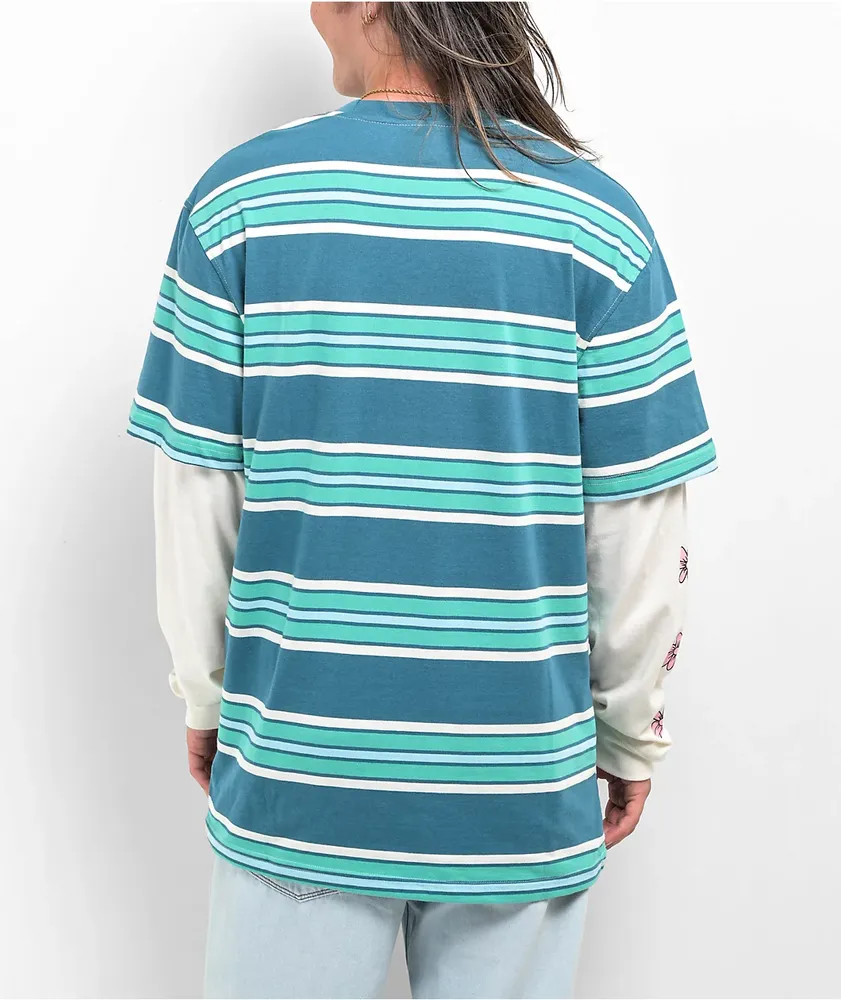 Salem7 Flower Power Blue Stripe 2Fer Long Sleeve T-Shirt at