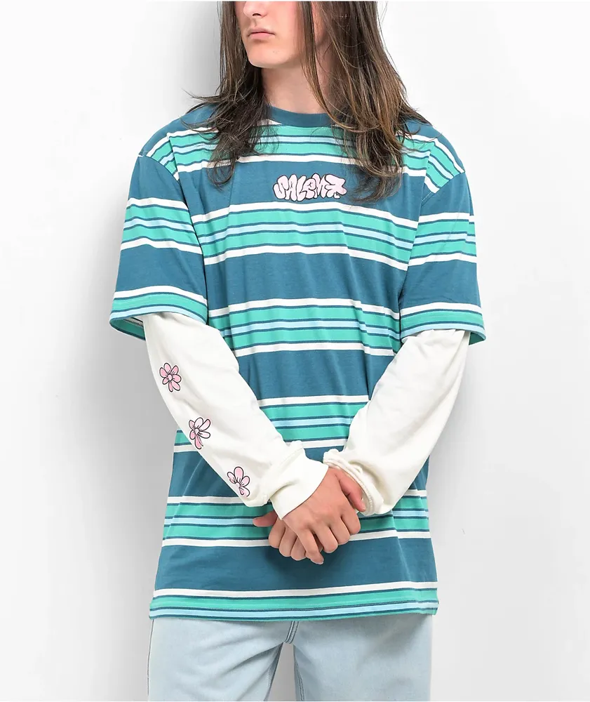 Salem7 Flower Power Blue Stripe 2Fer Long Sleeve T-Shirt at