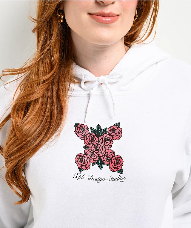 XPLR Roses Logo White Hoodie at Hamilton Place in